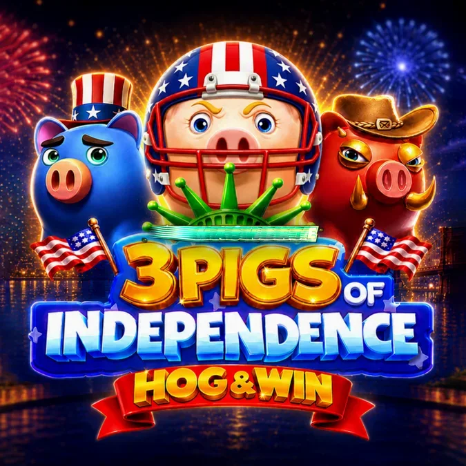 Ang makulay na tema ng 3 Pigs of Independence Hog & Win na may mga paputok at disenyo ng ika-apat ng Hulyo.