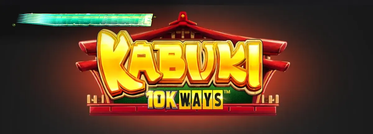 Isang makulay na screen ng Kabuki 10k Ways slot na nagpapakita ng mga Japanese mask at cherry blossoms.